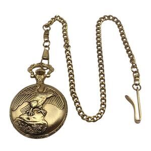 Mens Pocket Watch Quartz Watch-It Brand - Eagle Theme w/ 12" Chain Fresh Battery